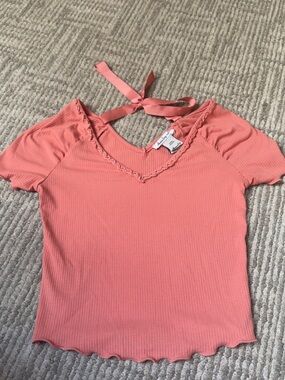 American Rag Coral Ribbed Lace-Trim Tie-Back Tee